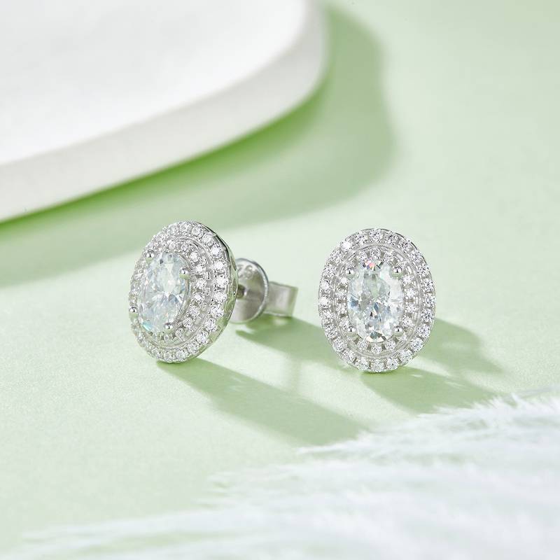 豪镶蛋形S925银镀白金MoissanitePendantStud Earring套装